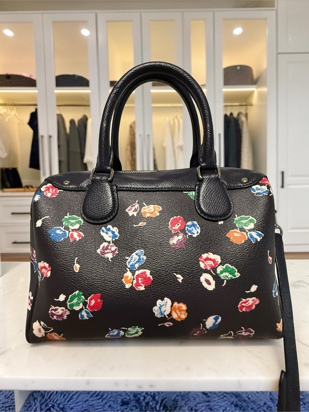 Coach Black Floral Print Leather Satchel with Multicolor Blossoms - Picture 7 of 15
